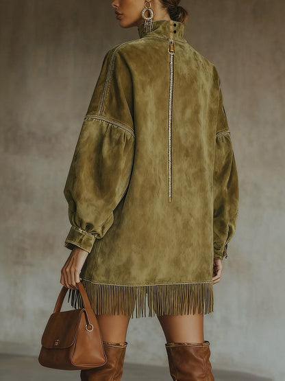 Oversized jurk met suèdelook en franjezoom - detailfoto