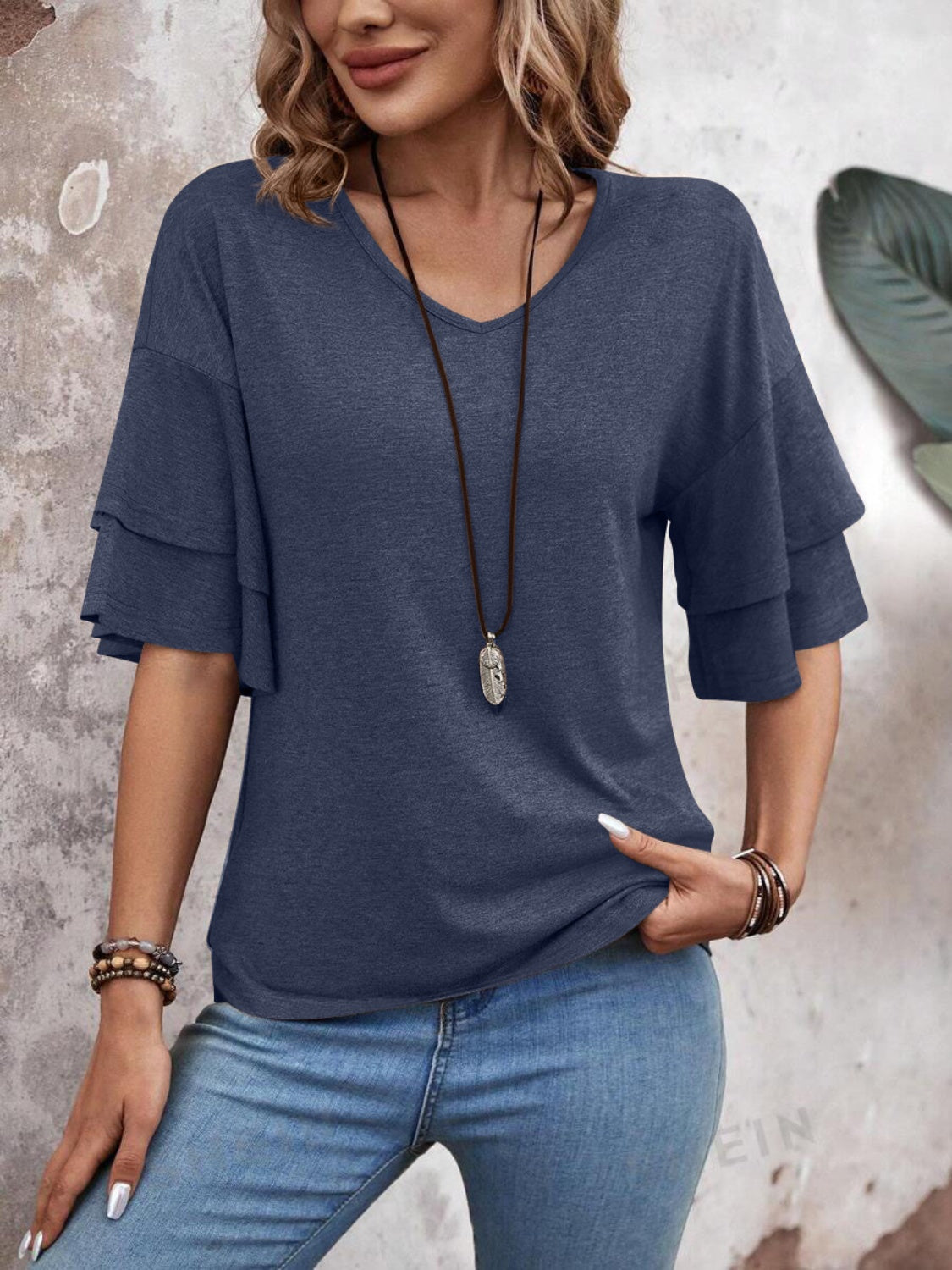 Blouse dames met laagjesmouw in Indigoblauw