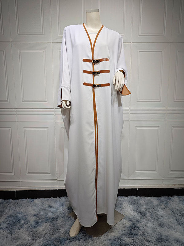 Enkellange open damesabaya met contrastbies en goudkleurige sluitingen