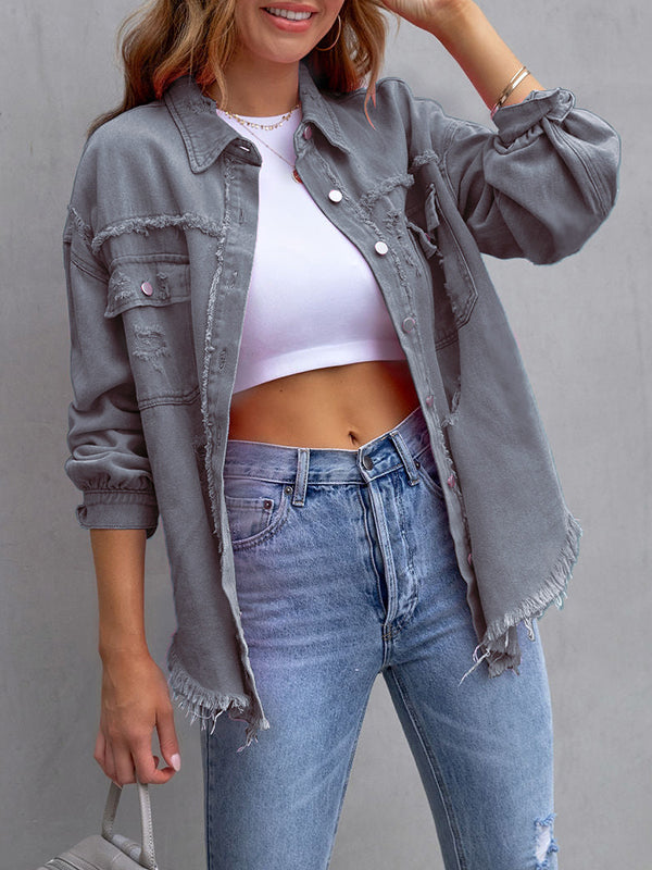 Oversized overhemdjack dames met rafelranden en borstzakken - grijs