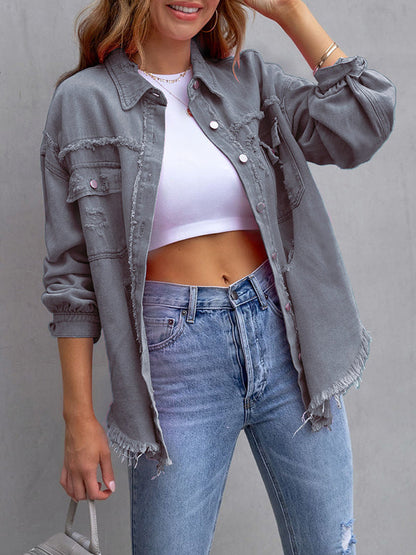 Oversized overhemdjack dames met rafelranden en borstzakken - grijs