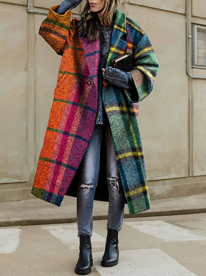 Geruite lange jas dames in heldere multicolor ruit