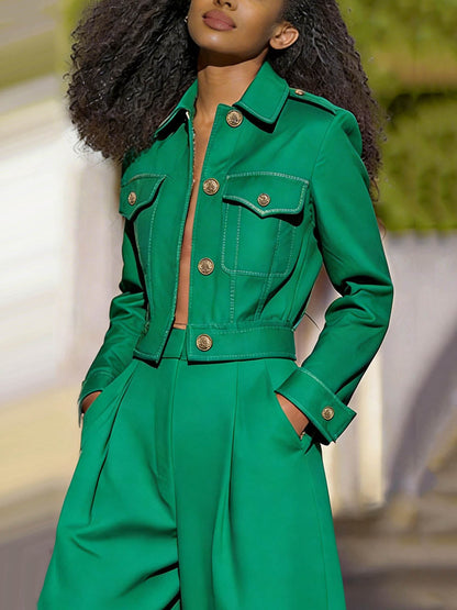 Cropped utility jack dames met revers en kleppenzakken - groen
