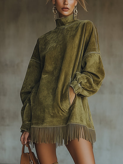 Oversized jurk met suèdelook en franjezoom in Olijfgroen
