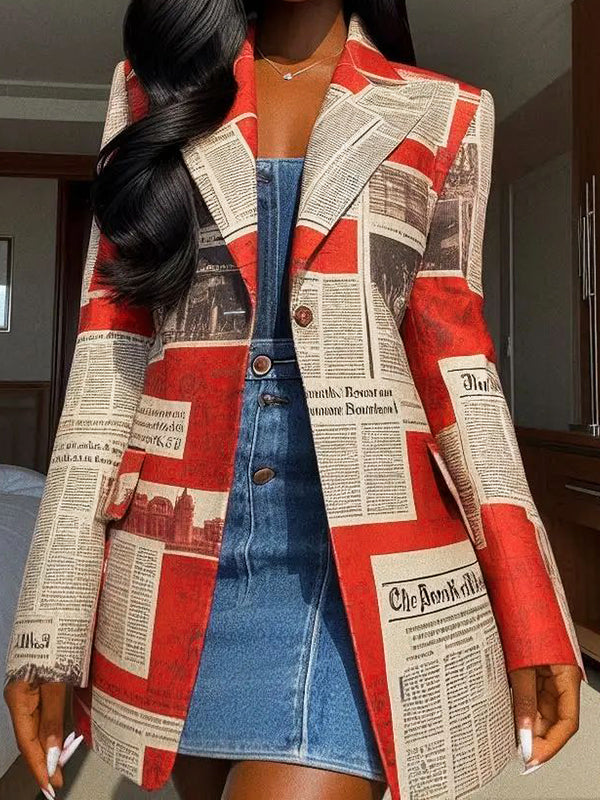 Damesblazer met krantenkolommen in rood en crème