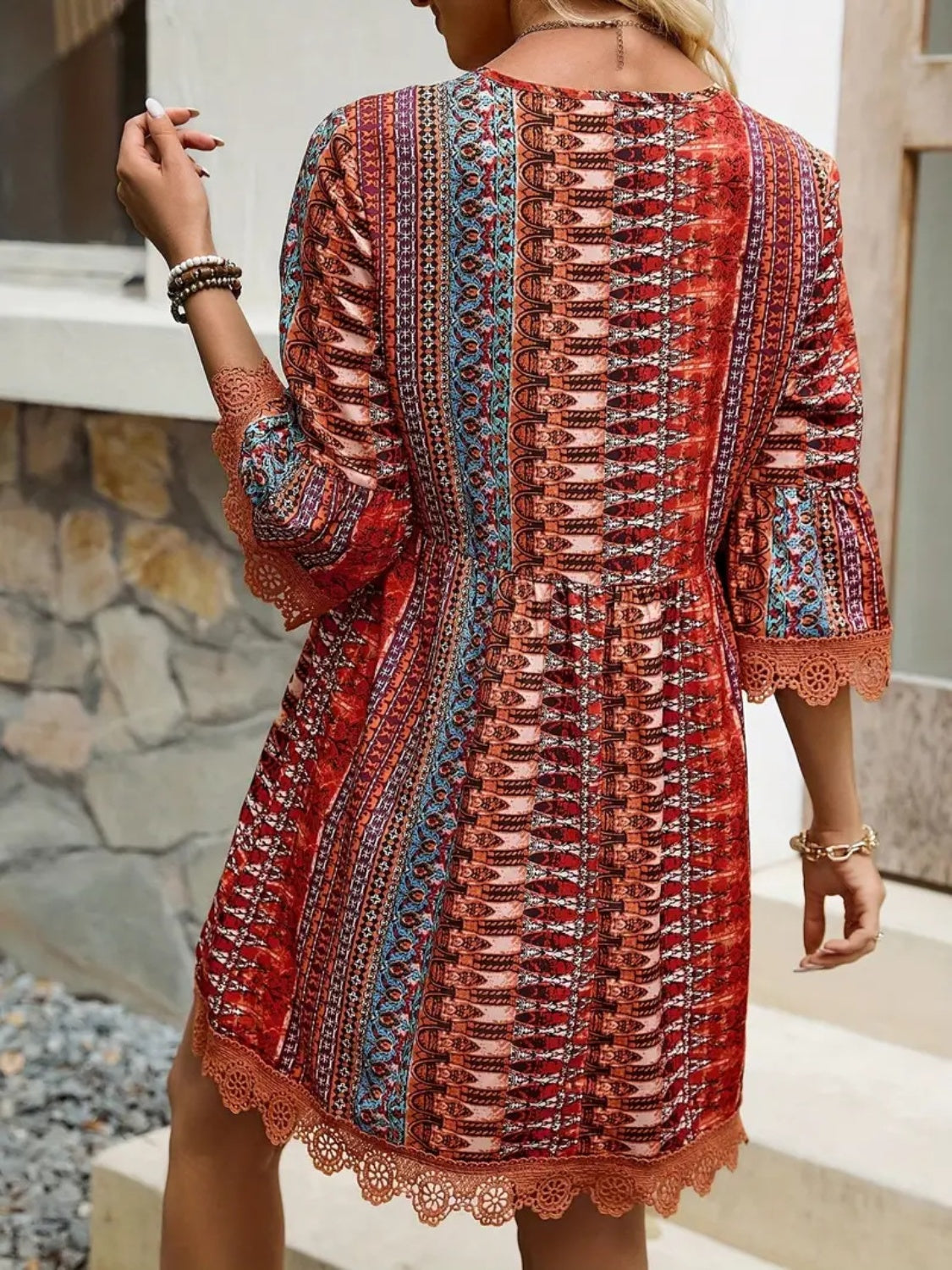 Jurk dames met kantrand en boho print - detailfoto