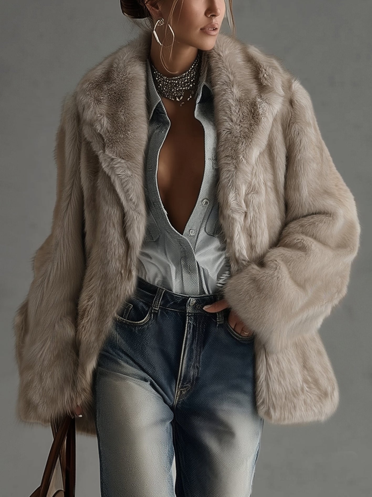 Oversized jas van imitatiebont in taupe in Taupe