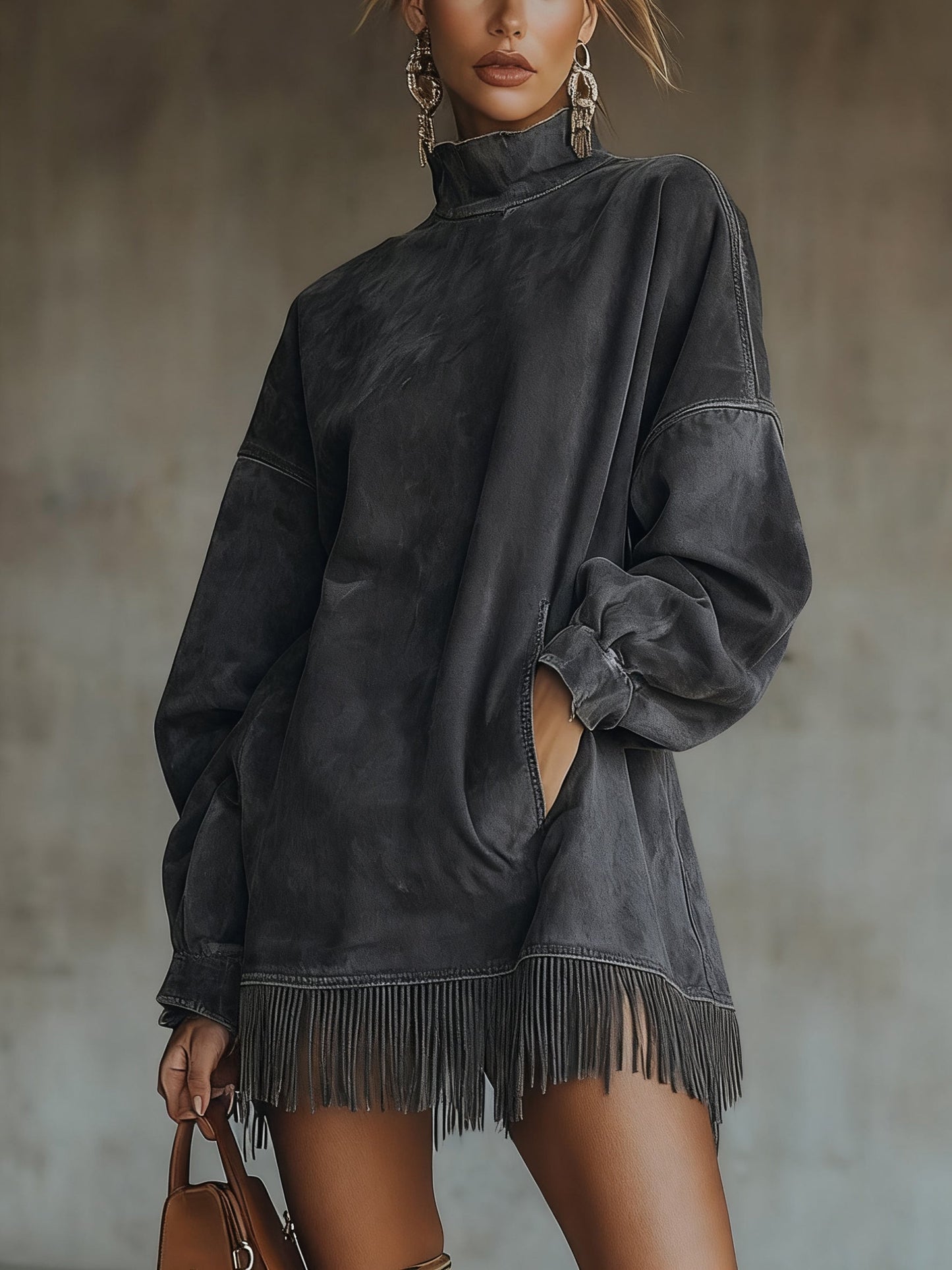 Oversized jurk met suèdelook en franjezoom in Antraciet