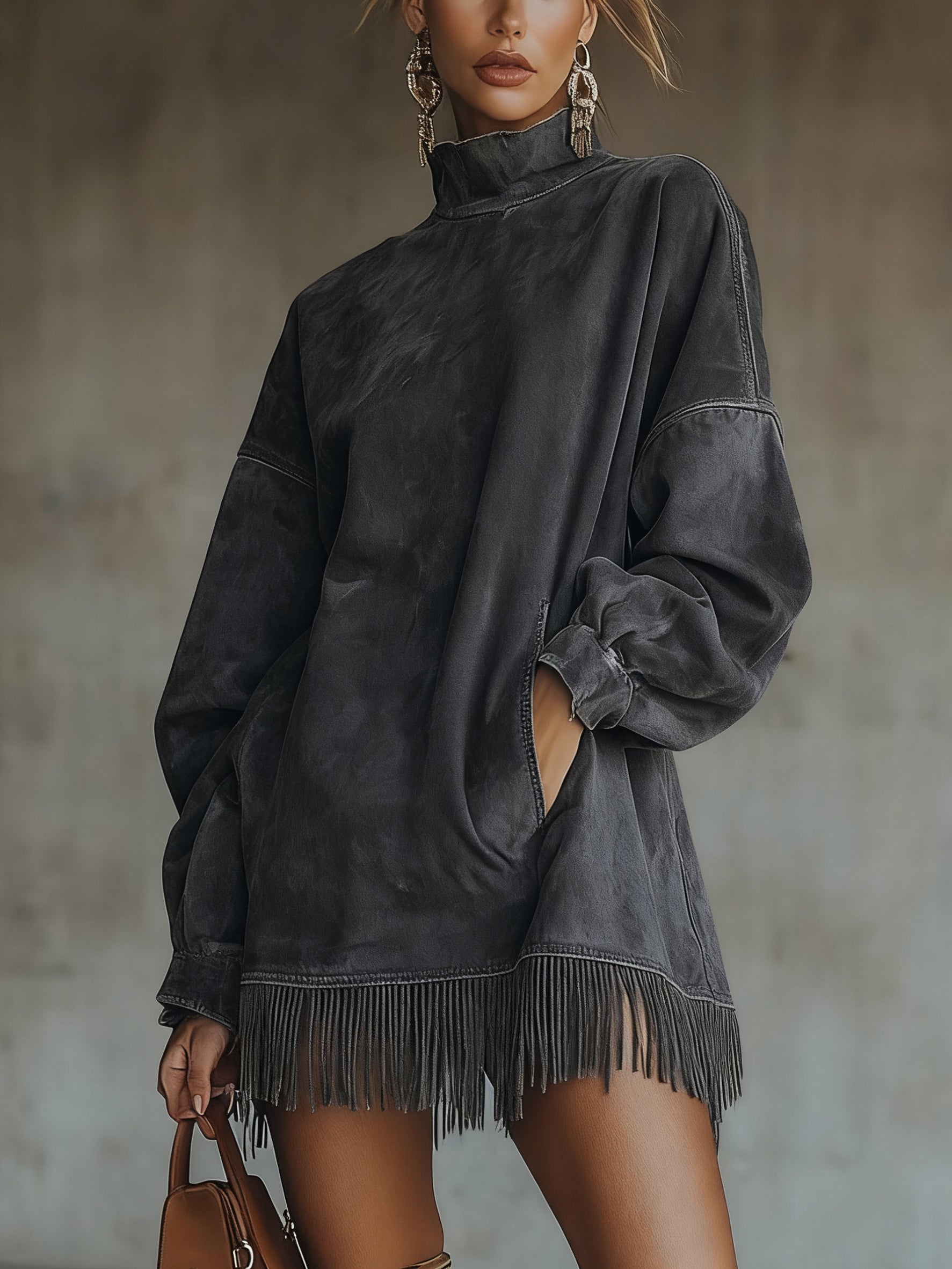 Oversized jurk met suèdelook en franjezoom in Antraciet