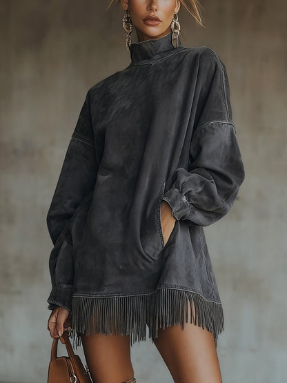 Oversized jurk met suèdelook en franjezoom in Antraciet