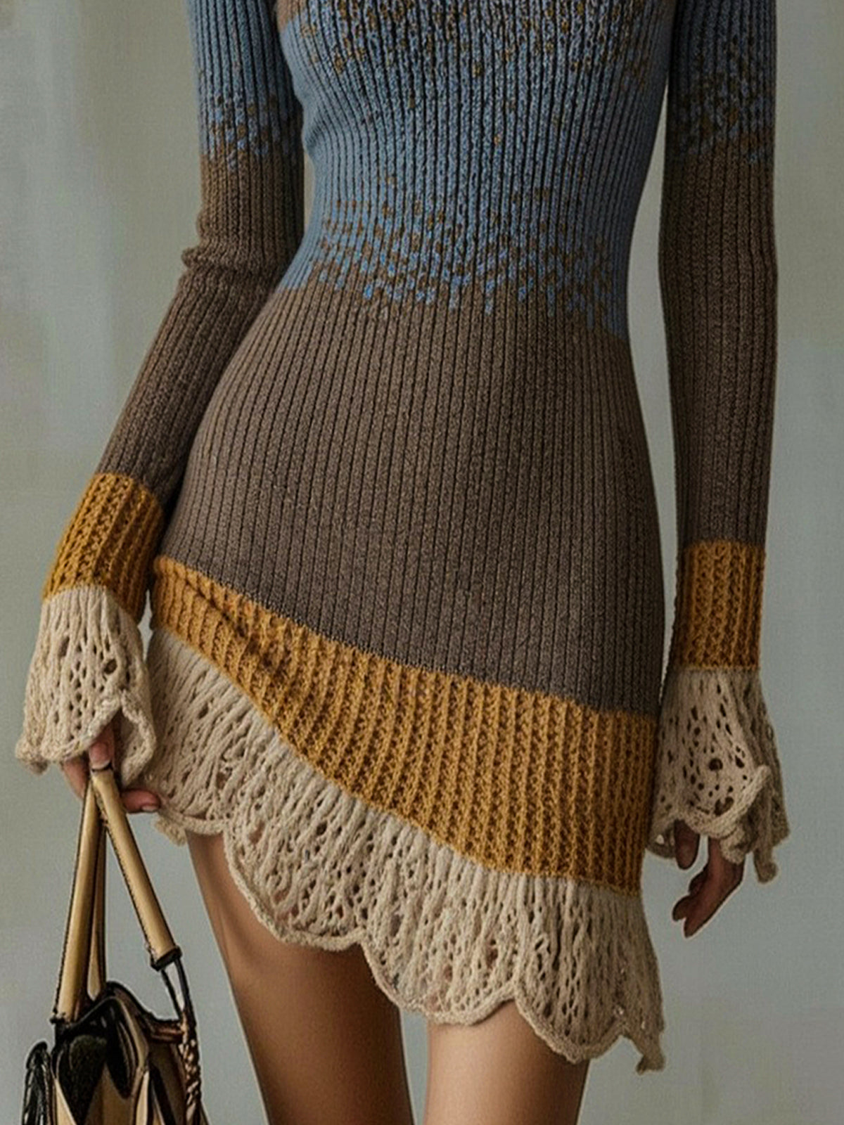 Gebreide mini-jurk met kanten volant in Blauw-taupe