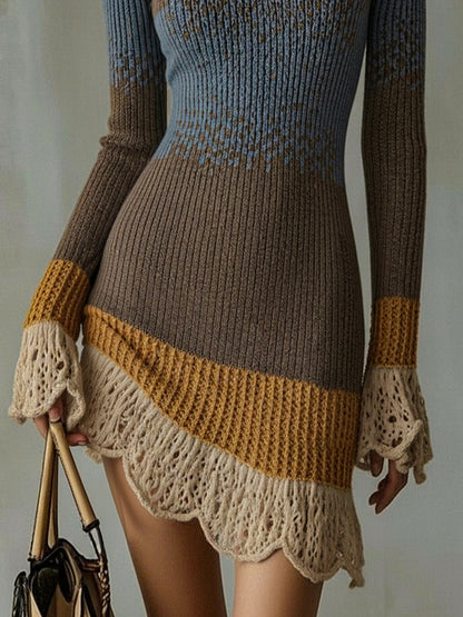 Gebreide mini-jurk met kanten volant in Blauw-taupe