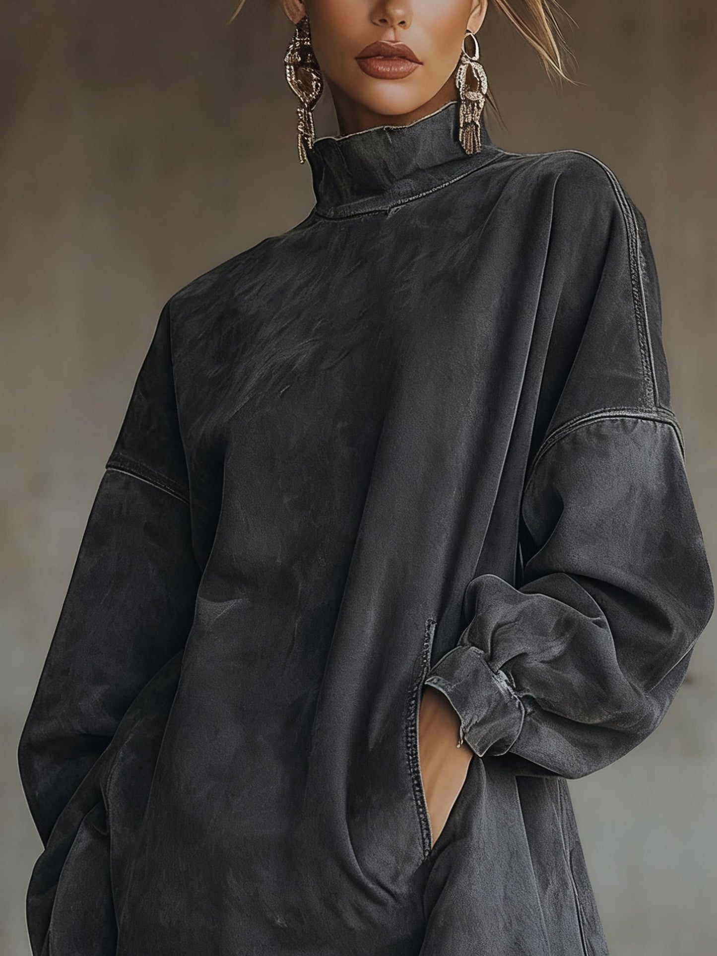 Oversized jurk met suèdelook en franjezoom - detailfoto