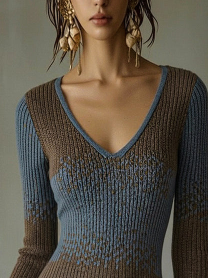 Gebreide mini-jurk met kanten volant in Blauw-taupe