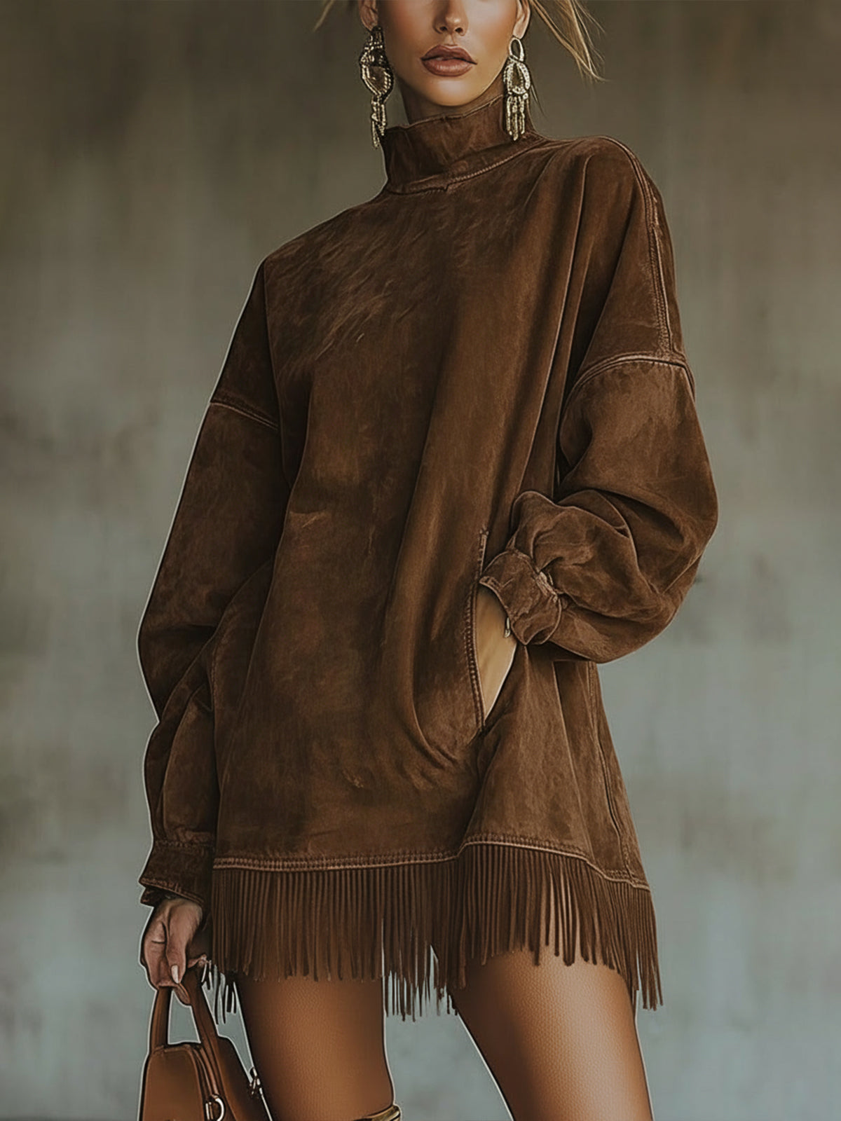 Oversized jurk met suèdelook en franjezoom in Bruin
