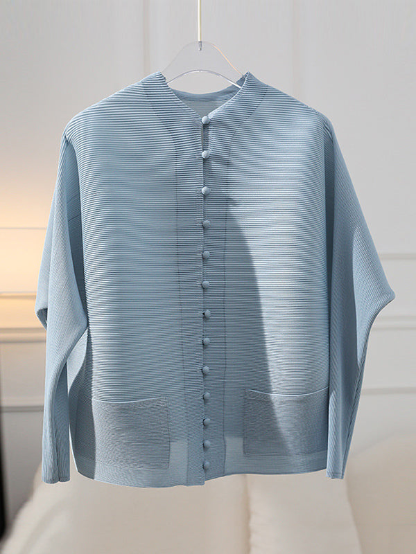 Geplooid damesjack met opstaande kraag, bedekte knopen en wijde mouwen - blauw