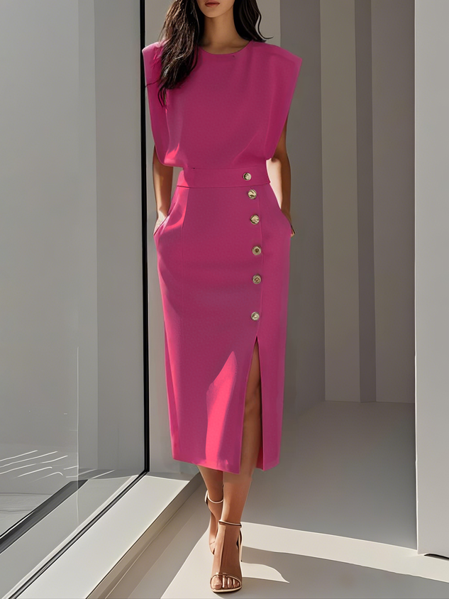Midi jurk dames fel roze - mooie strakke fit met elegante knopenrij