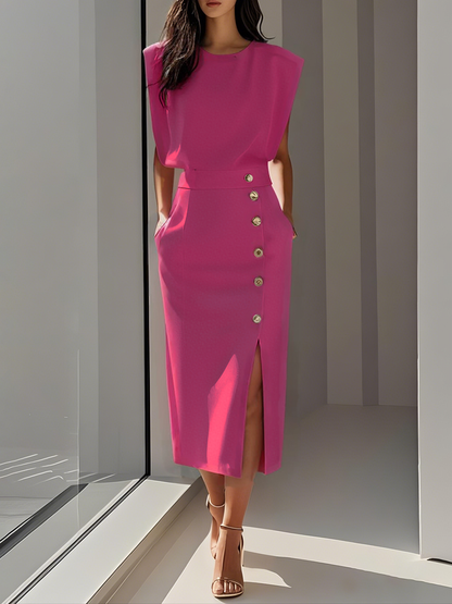 Midi jurk dames fel roze - mooie strakke fit met elegante knopenrij