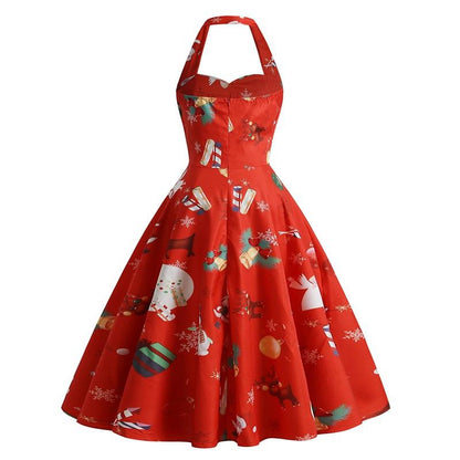 Suzies Vintage Kerstjurk - Halter - Mouwloos - Feestelijk Kerstmanpatroon - Polyester