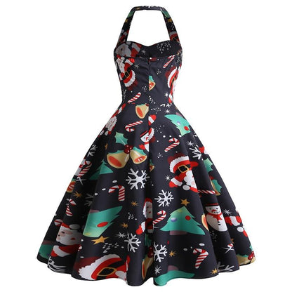 Suzies Vintage Kerstjurk - Halter - Mouwloos - Feestelijk Kerstmanpatroon - Polyester