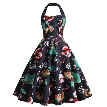 Suzies Vintage Kerstjurk - Halter - Mouwloos - Feestelijk Kerstmanpatroon - Polyester