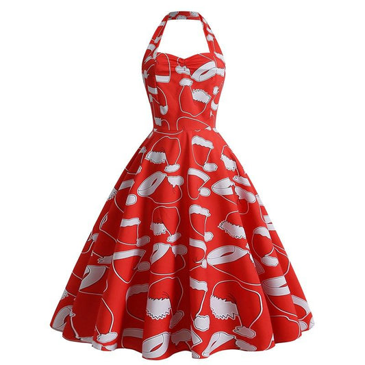 Halter kerstjurk voor dames met hartvormige hals en wijde rok - rood met kerstmutsen