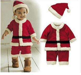 Rood kerstmanpakje voor kinderen met witte pluche randen en kerstmuts - jongen: jasje, broek, riem en muts