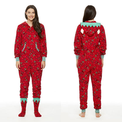 Rode kerst onesie met elfjesprint en capuchon met elfenoortjes