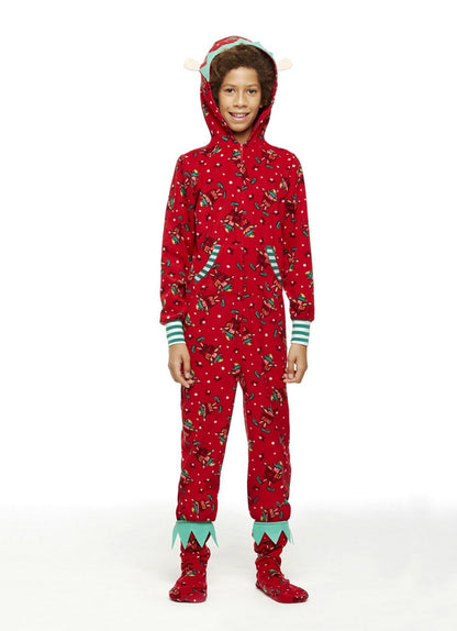 Rode kerst onesie met elfjesprint en capuchon met elfenoortjes