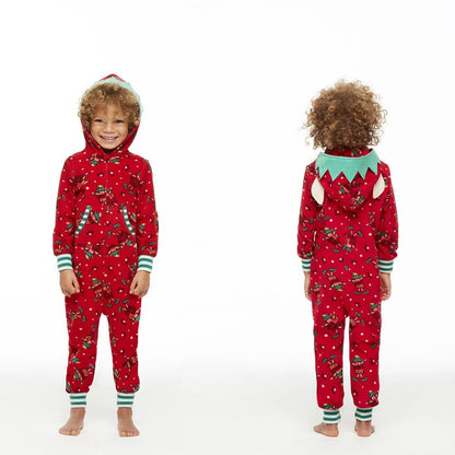 Rode kerst onesie met elfjesprint en capuchon met elfenoortjes