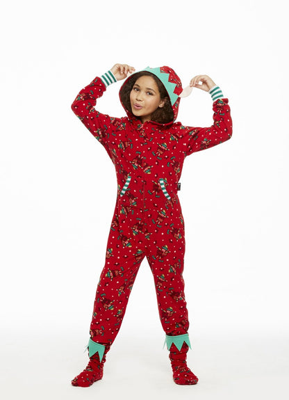 Rode kerst onesie met elfjesprint en capuchon met elfenoortjes