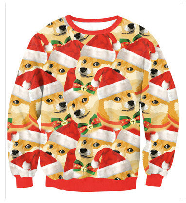 Foute kersttrui met 3D kerstprint over voor- en achterkant - shiba's met kerstmuts