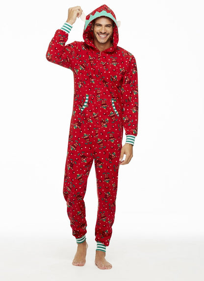 Rode kerst onesie met elfjesprint en capuchon met elfenoortjes