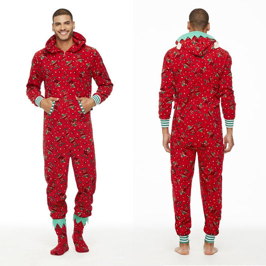 Rode kerst onesie met elfjesprint en capuchon met elfenoortjes