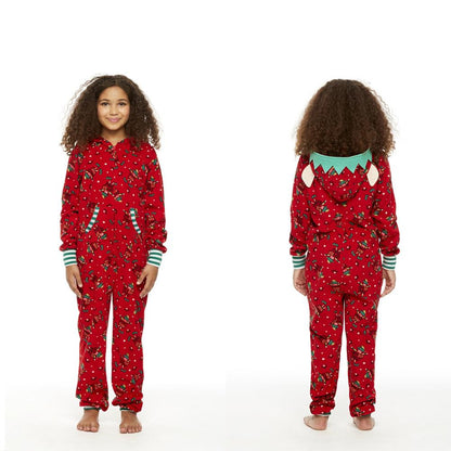Rode kerst onesie met elfjesprint en capuchon met elfenoortjes