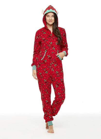 Rode kerst onesie met elfjesprint en capuchon met elfenoortjes