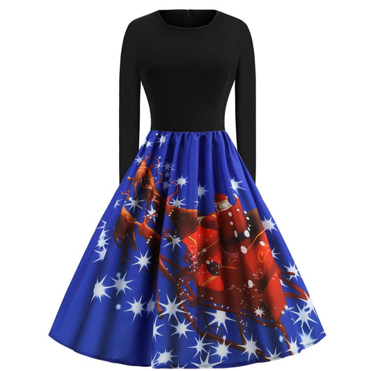 Swing kerstjurk voor dames met zwart bovenstuk en print van een arrenslee - blauw met arrenslee