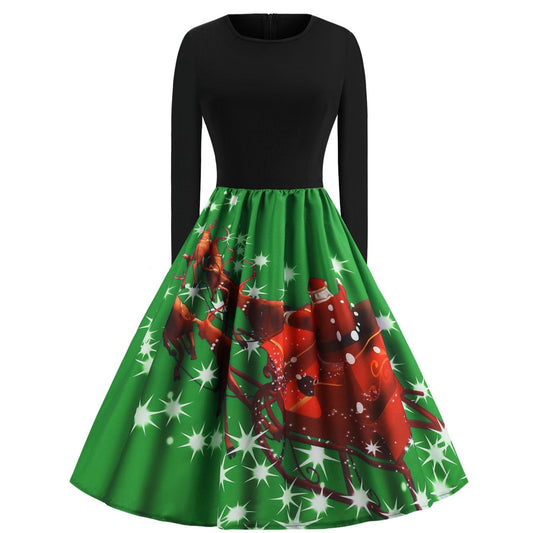 Swing kerstjurk voor dames met zwart bovenstuk en print van een arrenslee - groen met arrenslee