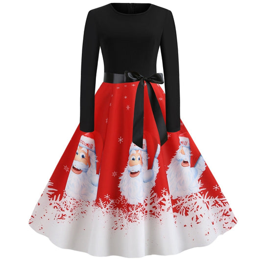 Kerstjurk voor dames met kerstmannen en een witte rand van sneeuwvlokken - rood met kerstmannen