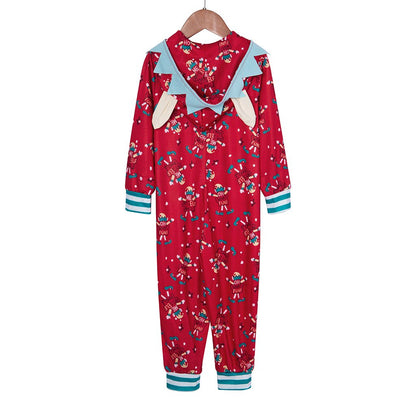 Rode kerst onesie met elfjesprint en capuchon met elfenoortjes