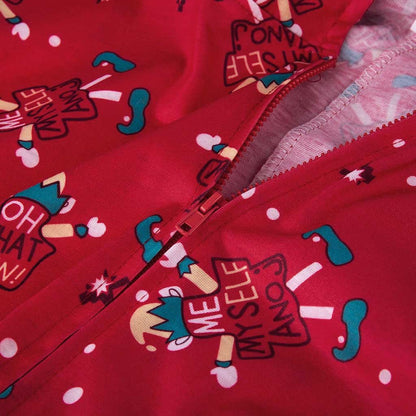 Rode kerst onesie met elfjesprint en capuchon met elfenoortjes