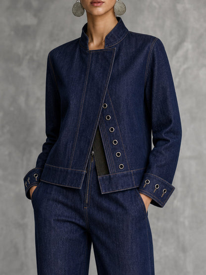 Cropped indigo spijkerjack met opstaande kraag en metalen oogjes - indigo