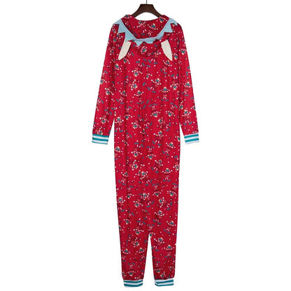Rode kerst onesie met elfjesprint en capuchon met elfenoortjes