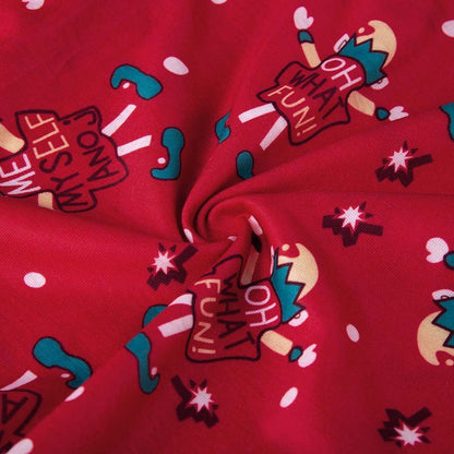 Rode kerst onesie met elfjesprint en capuchon met elfenoortjes