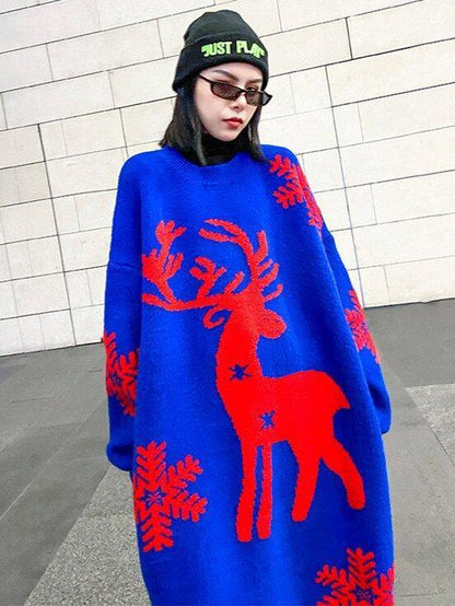 Winterse Kerstjurk - Christina - Rood/Blauw - Katoenen Sweater met Rendier en Sneeuwvlokken Print