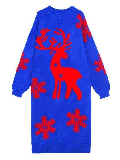 Winterse Kerstjurk - Christina - Rood/Blauw - Katoenen Sweater met Rendier en Sneeuwvlokken Print