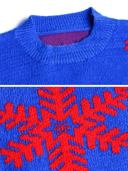 Winterse Kerstjurk - Christina - Rood/Blauw - Katoenen Sweater met Rendier en Sneeuwvlokken Print