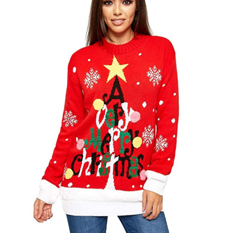 Gebreide kersttrui voor dames met Merry Christmas-kerstboom, ster en pompons