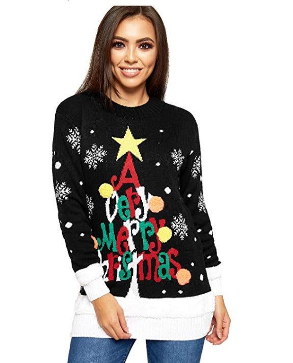 Gebreide kersttrui voor dames met Merry Christmas-kerstboom, ster en pompons