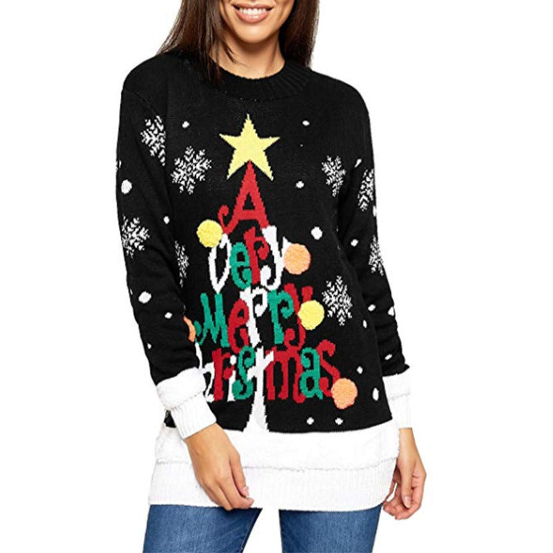 Gebreide kersttrui voor dames met Merry Christmas-kerstboom, ster en pompons